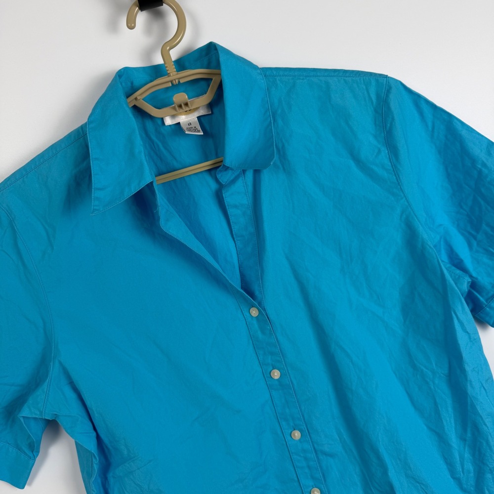 Talbots Womens Turquoise Blue Short Sleeve Button Down Cotton Shirt Size 12